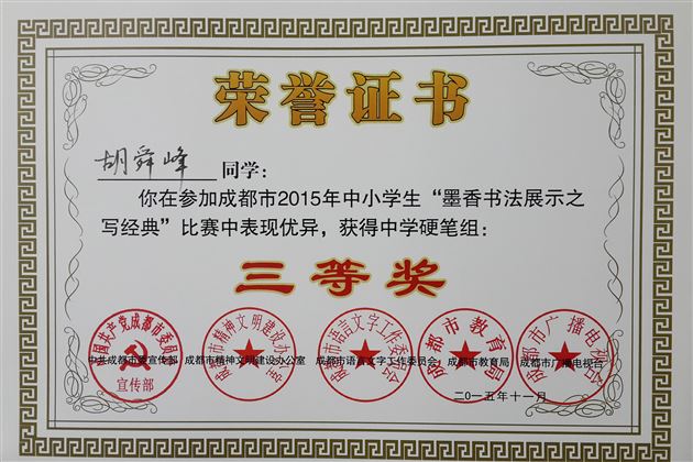 棠外学子参加“2015成都市中小学生墨香书法展示之写经典比赛”喜获佳绩