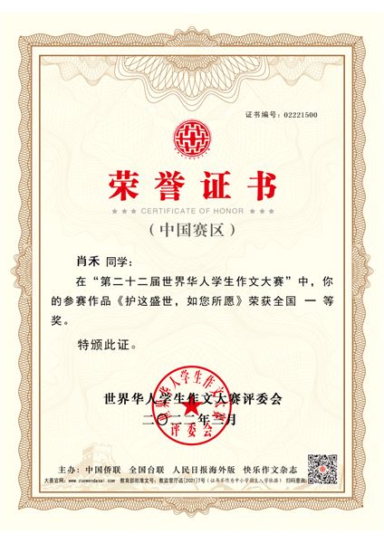 肖禾同学获奖证书
