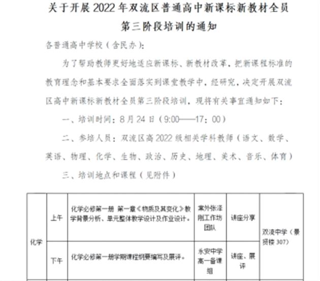 2022年双流区高中新课标新教材全员第三阶段培训的通知截屏