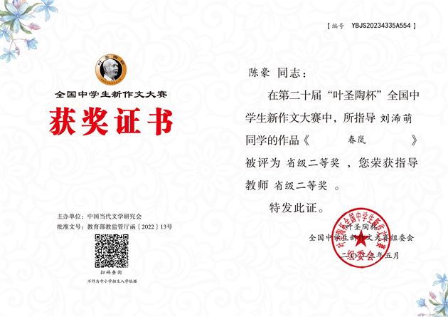 陈豪老师获奖证书