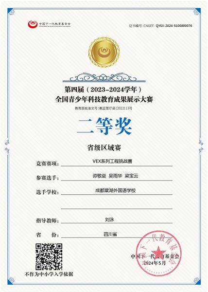 棠外初中学子参加第四届全国青科赛(四川省区域赛)喜获一等奖